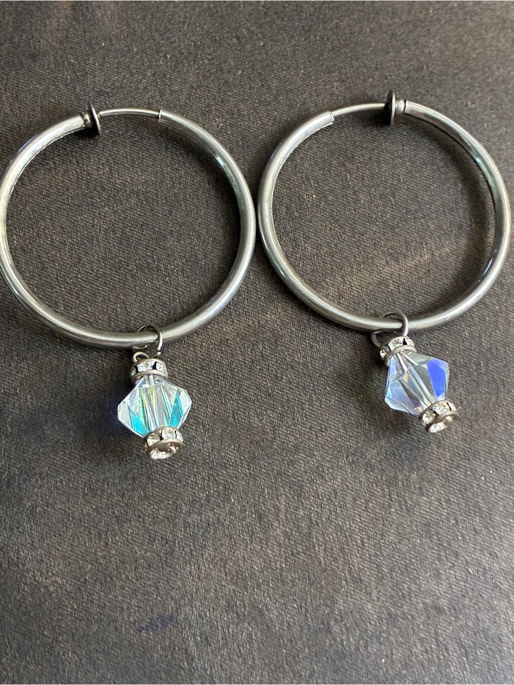 Sliver tone clip hoop earrings with ab crystal